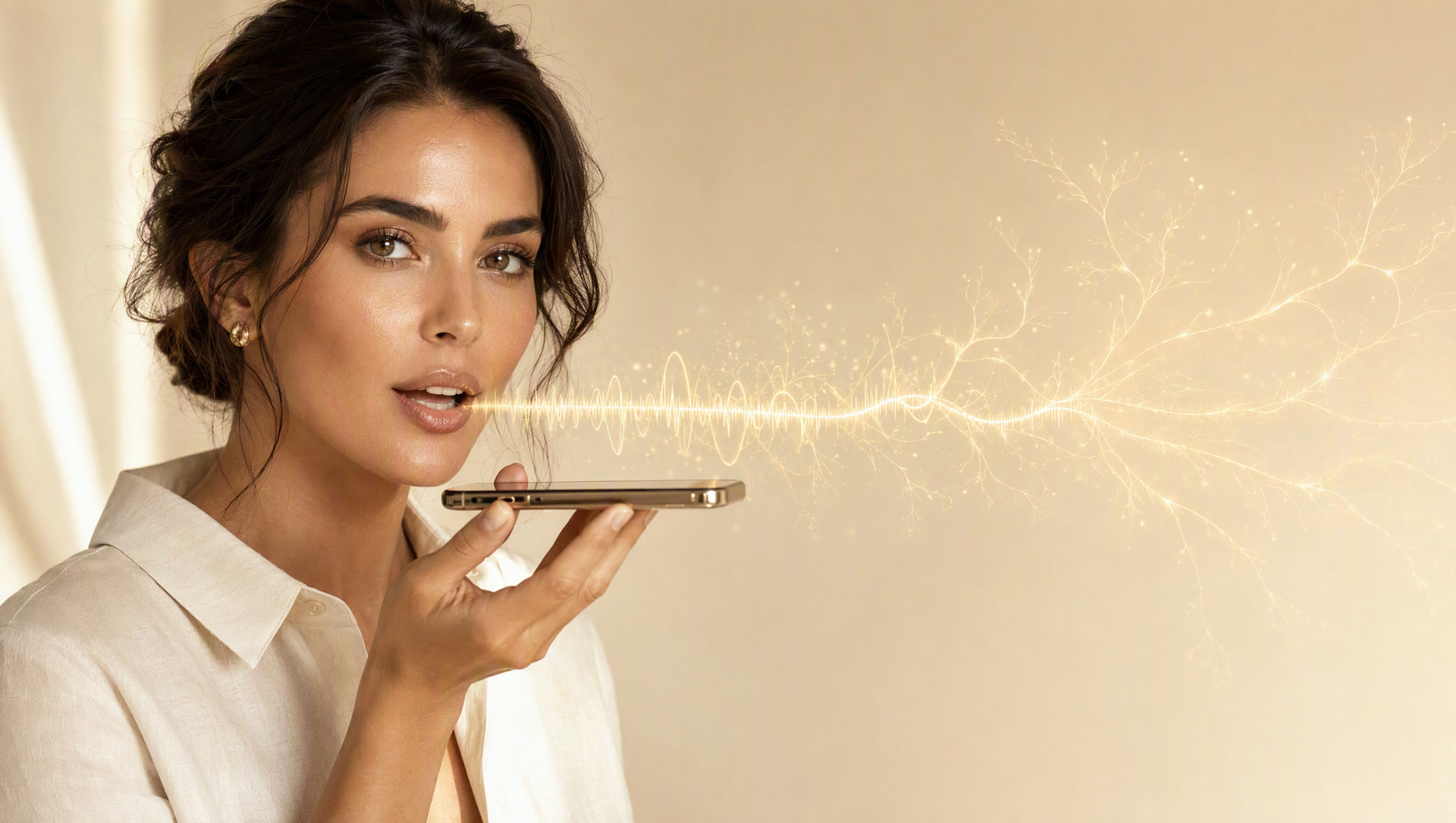 A woman speaks softly into her phone and her voice becomes a golden waveform that branches like nerve pathways